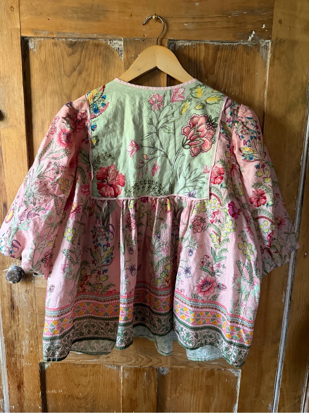 Floral Pintuck Peasant Blouse in Pink and Sage - Picture 3 of 5
